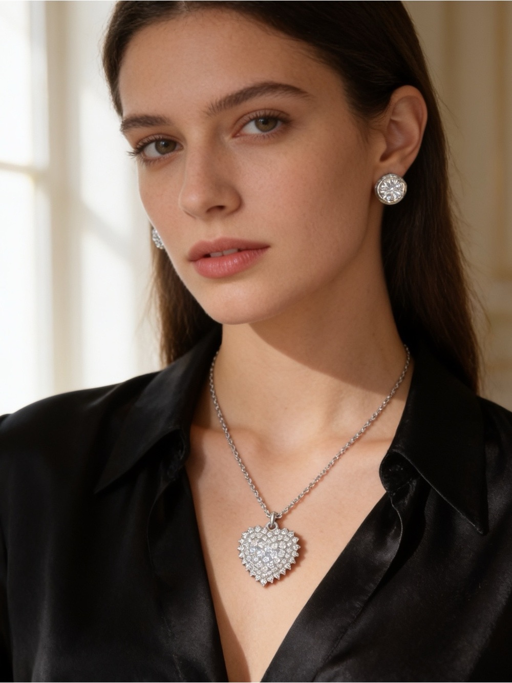 Sparkling Crystal Heart Necklace & Stud Earrings Set